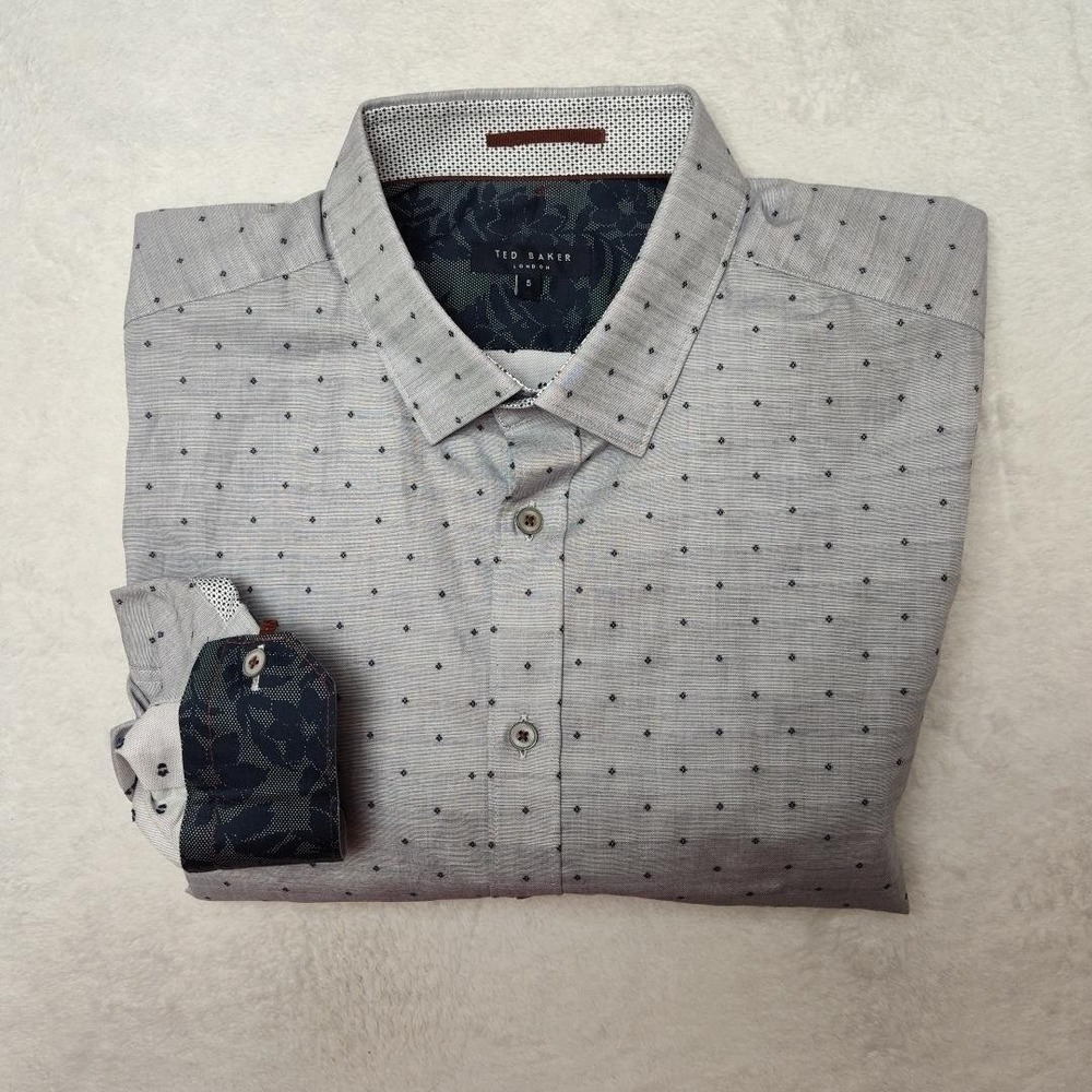 Ted‎ Baker Shirt Mens Large Gray Polka Dot Long Sleeve Button Up Slim Fit Casual